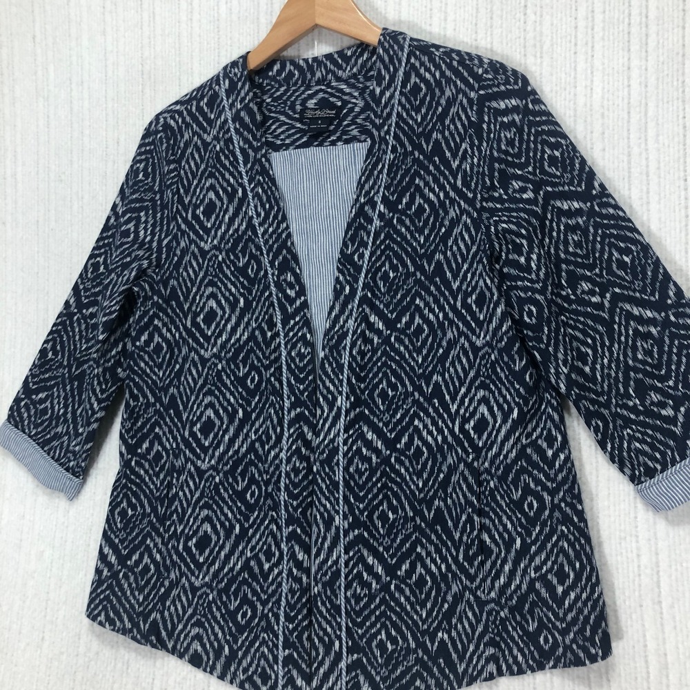 Lucky Brand Blue White Diamond Pattern Open‎ Front 3/4 Sleeve Jacket